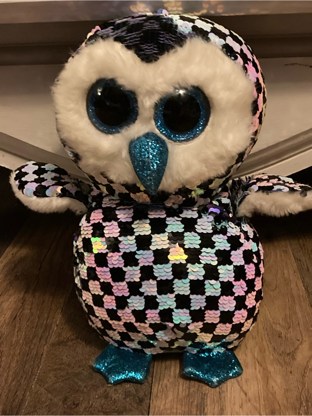 Ty Sequined Plush Owl - Black, White, Blue, Pink, Purple